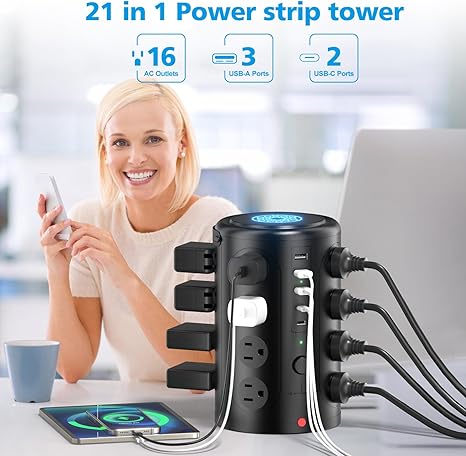 Tower Power Strip Surge Protector with 16 Outlets and 5 USB Ports (2 USB-C), 6FT Extension Cord with Multiple Outlets,Heavy Duty Charging Station,Home Office Dorm Room Essentials. No Wireless Charging - Image 4