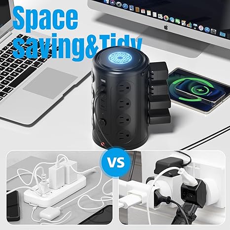Tower Power Strip Surge Protector with 16 Outlets and 5 USB Ports (2 USB-C), 6FT Extension Cord with Multiple Outlets,Heavy Duty Charging Station,Home Office Dorm Room Essentials. No Wireless Charging - Image 2
