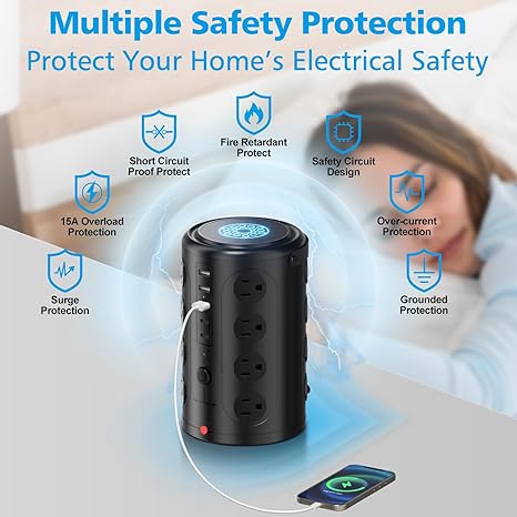 Tower Power Strip Surge Protector with 16 Outlets and 5 USB Ports (2 USB-C), 6FT Extension Cord with Multiple Outlets,Heavy Duty Charging Station,Home Office Dorm Room Essentials. No Wireless Charging - Image 3